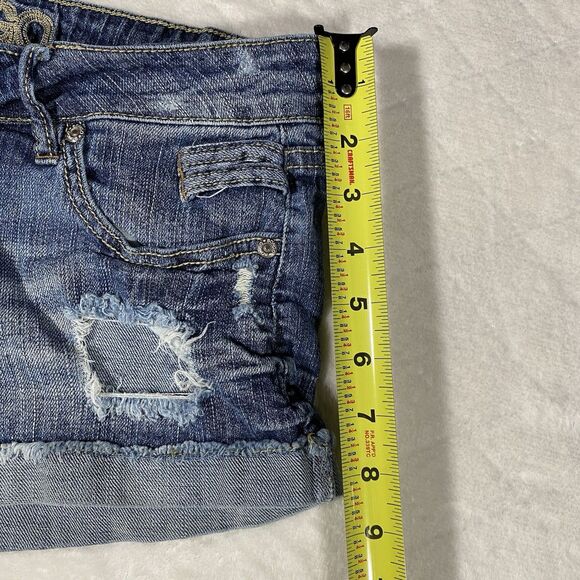Vtg Y2K Bongo Micro Mini Denim Shorts Distressed Cuffed 2000s Grunge Junior Sz 7 - Picture 8 of 11